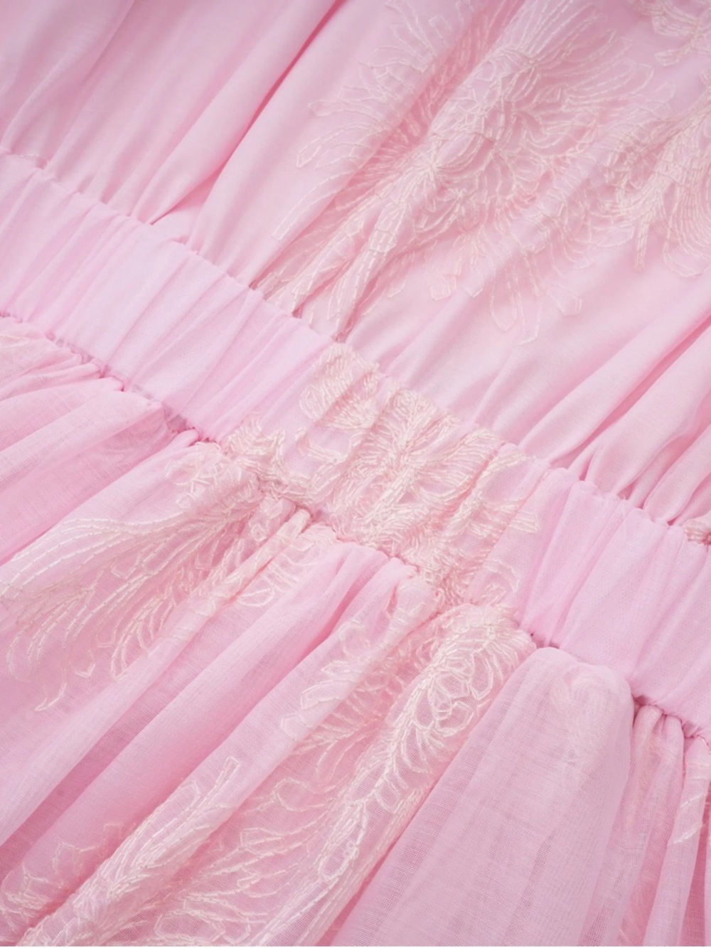 Light Pink Embroidered Puff-Sleeve Tiered Dress, M - Picture 8 of 10